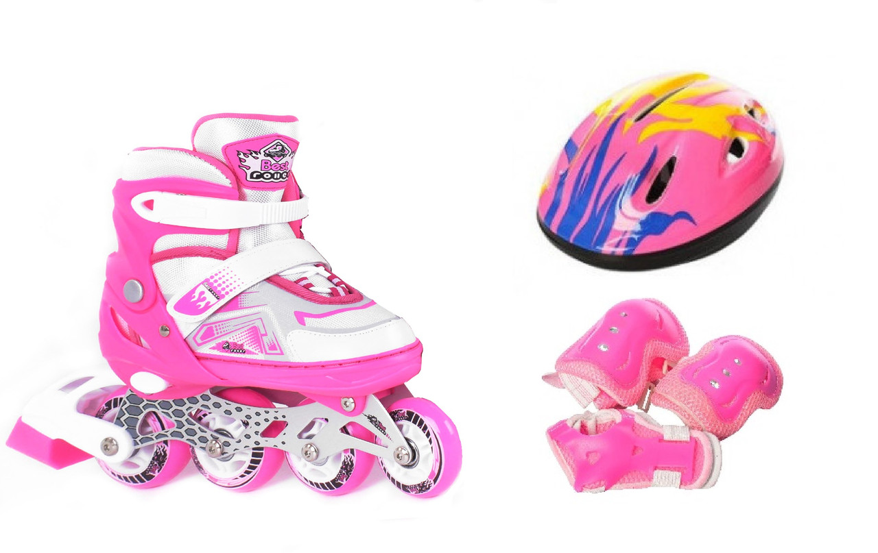 Роликовые коньки раздвижные Best Scooter размер 27-30 с шлемом и защитой Розовые  (12560/1)