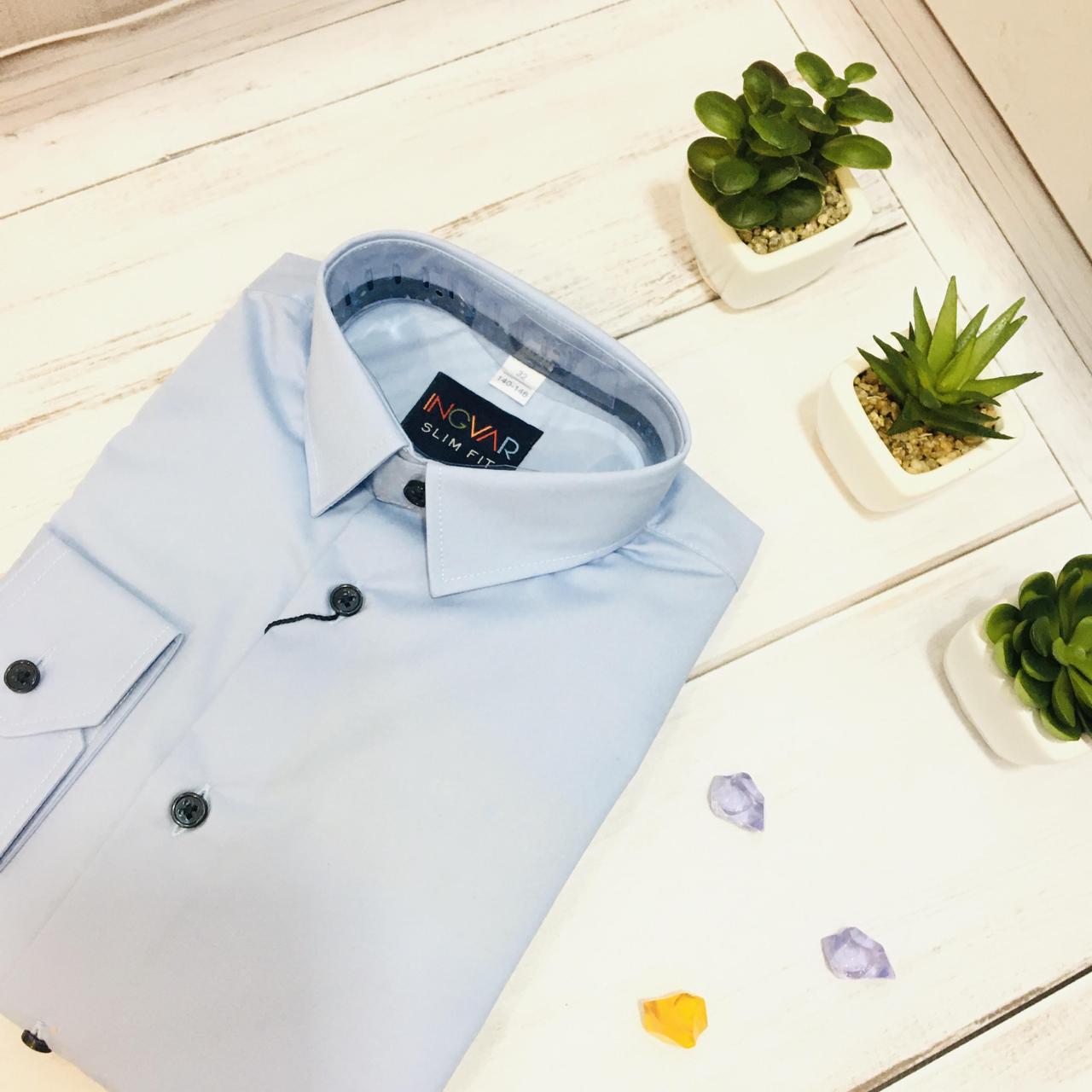 Сорочка дитяча для хлопчика з довгим рукавом Ingvar slim fit блакитна розміри 134 - 146