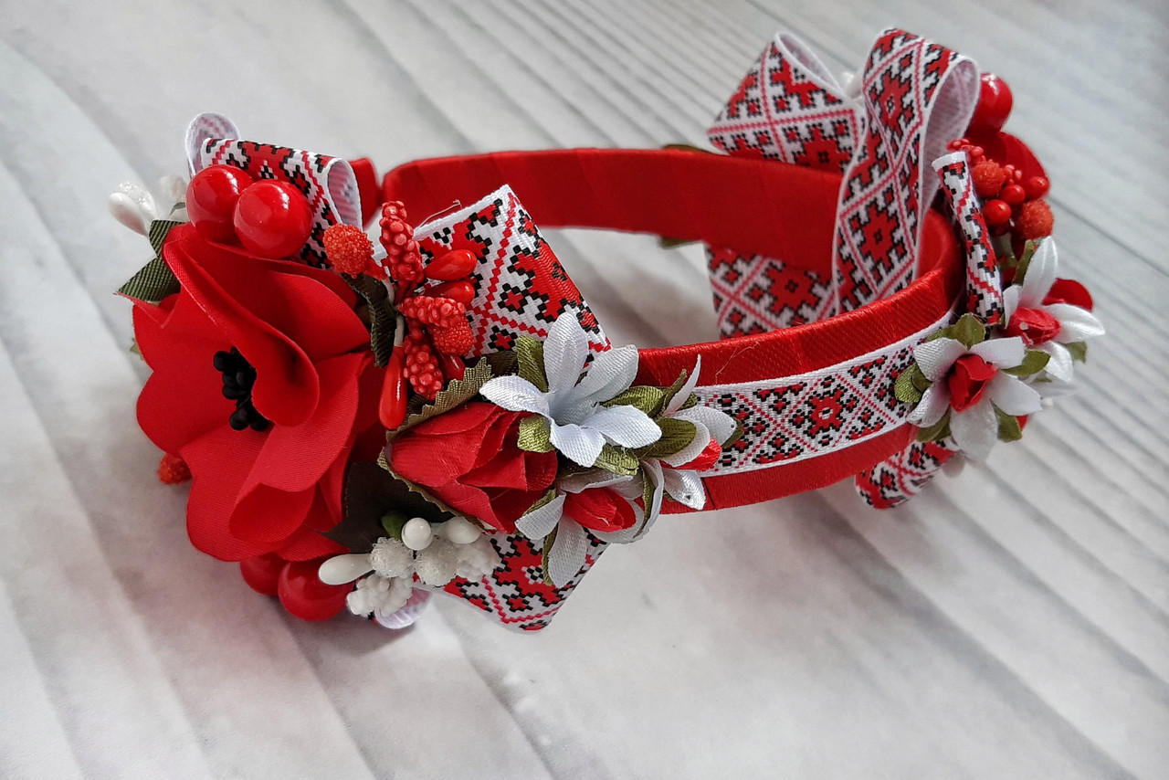 Обруч для волосся Гуцульський Вишиванка червоний, фото 1