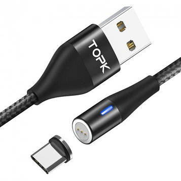 Магнітний кабель для зарядки Topk Led AM23 USB 2.4 A Type-C ( Black, 1 м)| Зарядний шнур для телефону