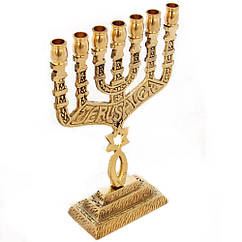 Підсвічник Менора (сімок тонких свічок, висота 20 см) — золотий семирожковий світильник