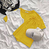 Женский летний костюм из двунитки укороченная футболка с шортами и топ майка в рубчик
