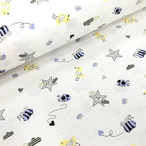 Тканина муслін Двошарова сині бджілки з жовтими пташками з хмарами та зірками (шир. 1,8 м) (MS-F-0028)