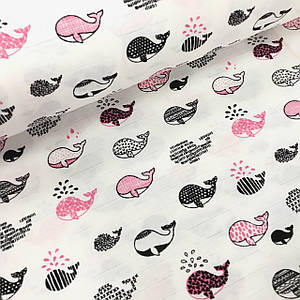 Тканина муслін Двошарова чорно-рожеві кити на білому (шир. 1,8 м) (MS-F-0021)