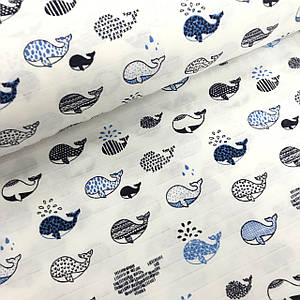 Тканина муслін Двошарова чорно-блакитні кити на білому (шир. 1,8 м) (MS-F-0020)