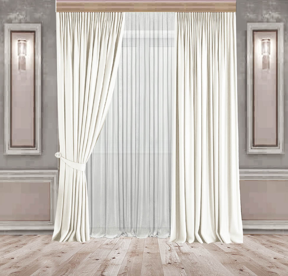 Комплект штор Lux Декорин Оксамитовий-Велюр Молоко 2 шт. Тюль Креп-Lux білий 1 шт