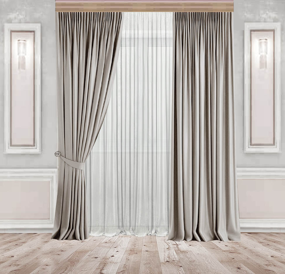 Комплект штор Lux Декорин Оксамитовий-Велюр Сіро-бежевий 2 шт. Тюль Креп-Lux білий 1 шт