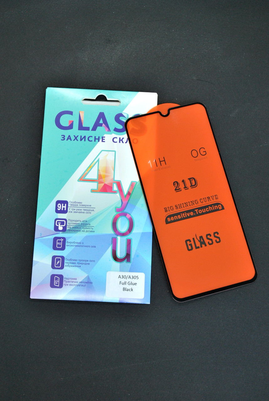 Захисне скло Samsung A30 / A305 (2019) Full Glue 2.5D (0.3mm) Black 4you