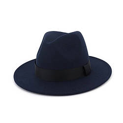 Стильна фетровий капелюх Федора з стрічкою Темно-синій