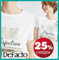 Жіноча футболка біла Defacto/Дефакт з ажурним принтом і написом Perfection