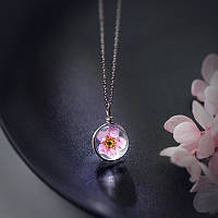 Цепочка серебряная с кулоном Цветок персика, кулон с настоящим цветком, серебро 925 пробы, длина 41+3 см