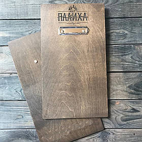 Планшет з дерева з логотипом і затискачем  для меню А4 5мм