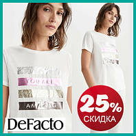 Жіноча футболка біла Defacto/Дефакт з рожево-золотисто-сріблястим ажурним принтом You are amazing