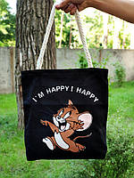 Текстильная пляжная сумка с круглыми канатными ручками "The famous Mouse" черная с принтом мышонка Джерри