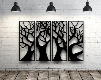 Декоративна картина панно "Дерева" з чотирьох частин, дерев'янне панно