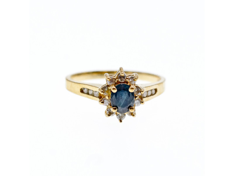 Золоте кільце 14К (585 проба) з темно-синьою Шпинелью і діамантами