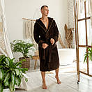 Чоловічий домашній халат 100% бавовна на запах, натуральний банний халат з капюшоном, колір коричневий, фото 2