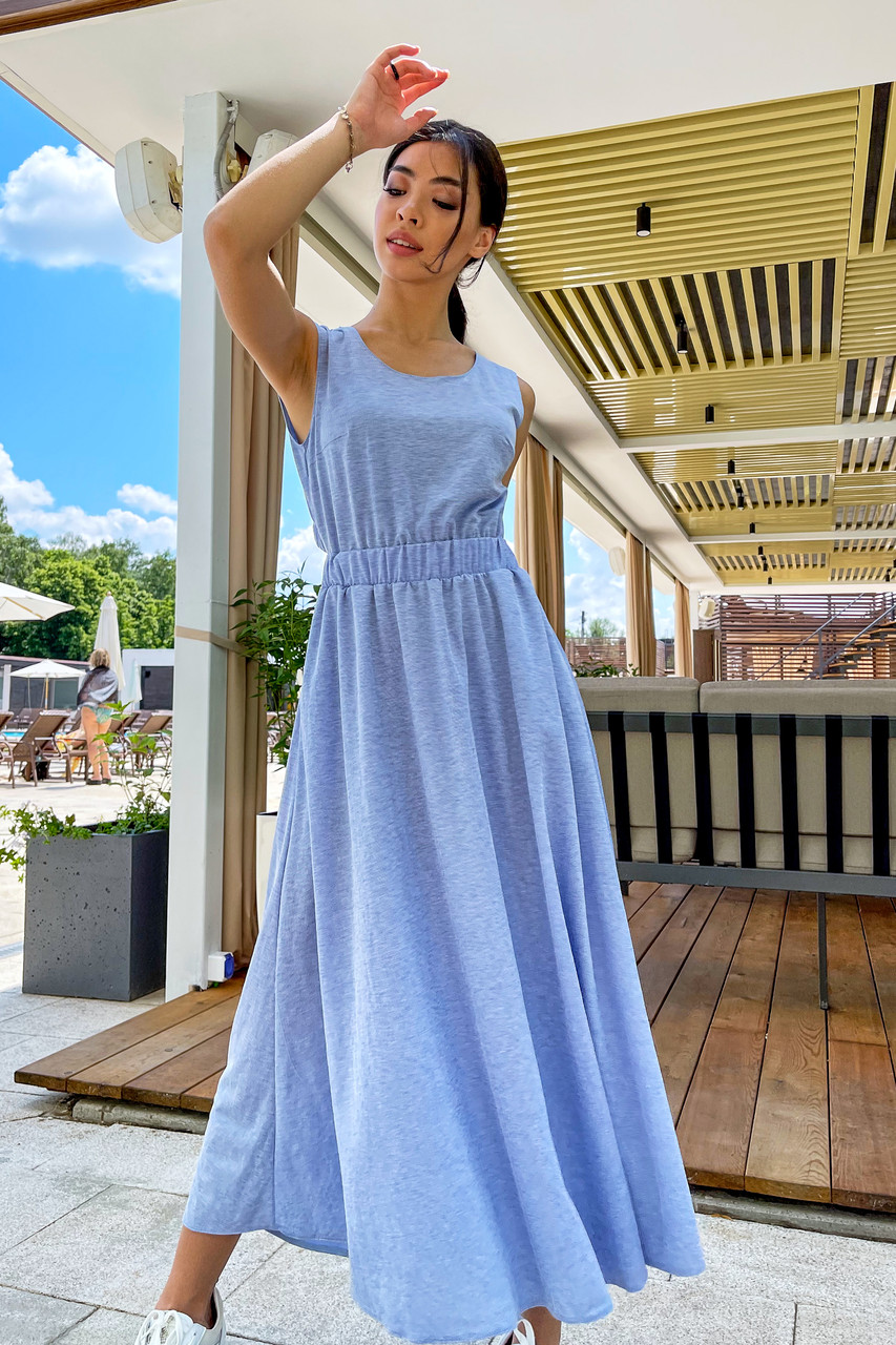 Повсякденне довге блакитне літнє плаття із бавовни