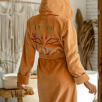 Женский персиковый велюровый домашний халат с капюшоном и именной вышивкой, премиум-махра, хлопок