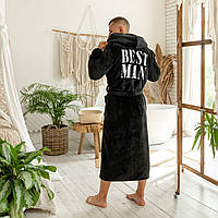 Халат мужской банный из плюшевой махры с капюшоном и именной вышивкой, длинный на запах, цвет черный
