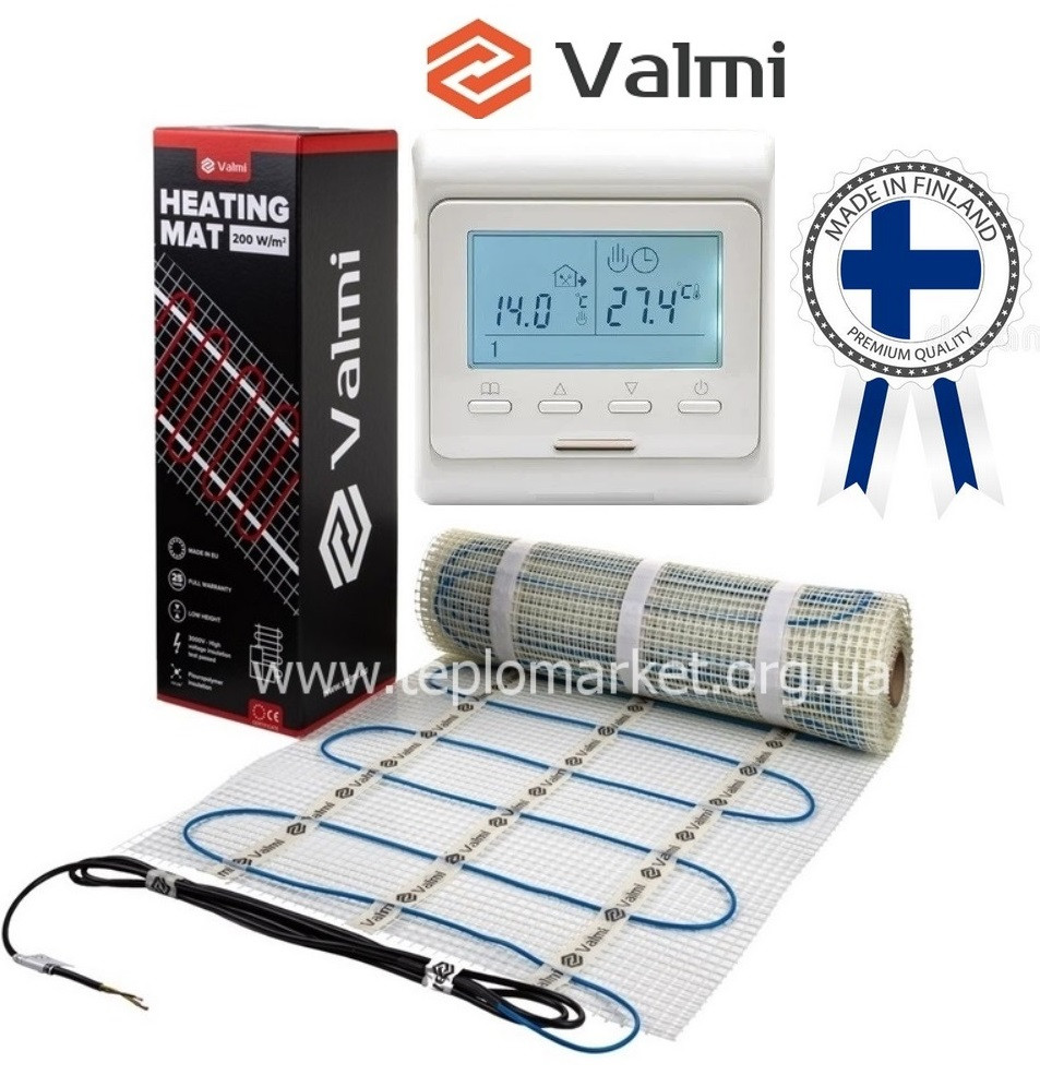 Тепла підлога Valmi Mat 8м² /1600Ват/200Вт/м² тонкий гріючий кабельний мат під плитку з терморегулятором E51