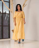 Летнее длинное желтое платье из штапеля с резинкой по талии, увеличенных размеров 42-52
