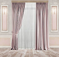 Комплект Сонет Оксамитові Пастельно-рожеві штори 2 шт + Тюль Вуаль Біла 1 шт