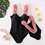 Злитий Купальник з шифоновими рожевими квітами, чорний, фото 7