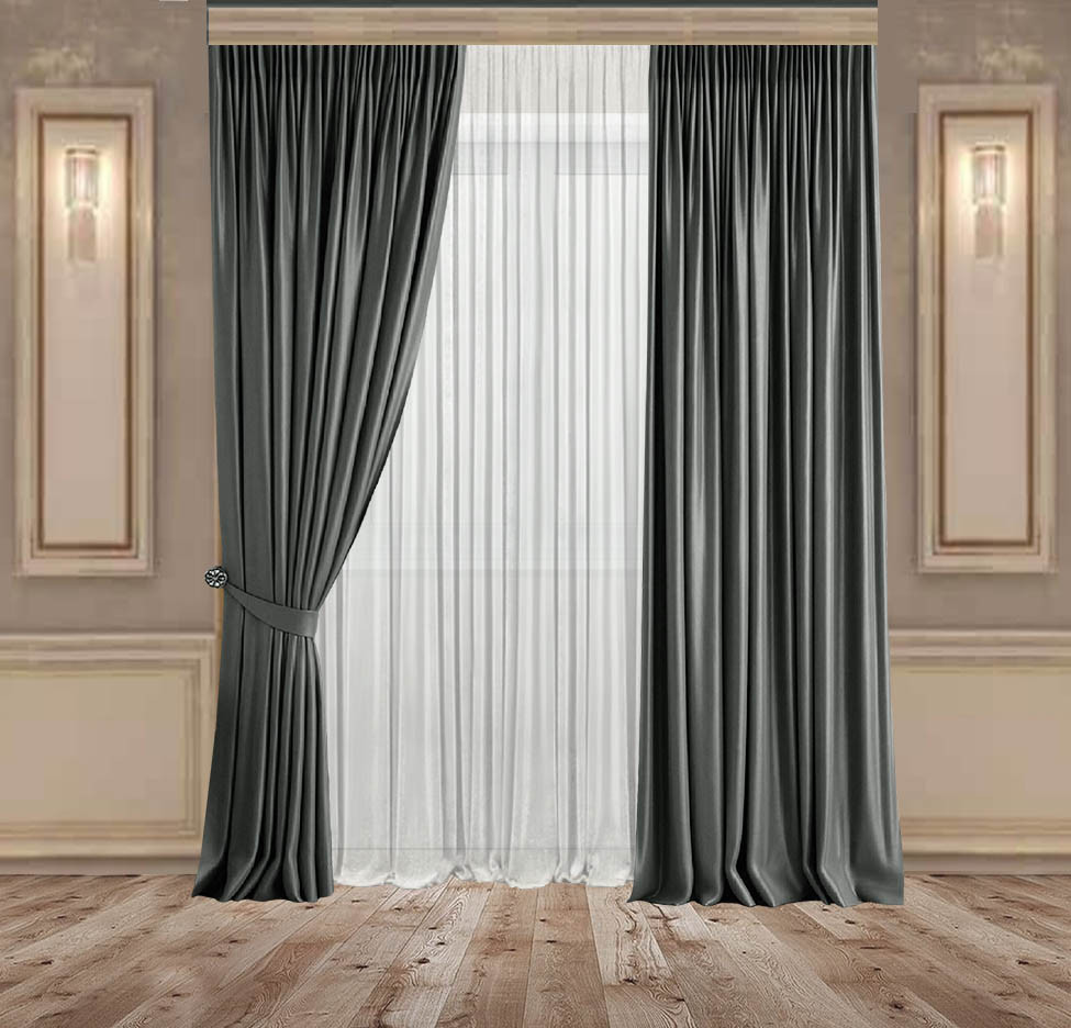 Комплект Сонет Оксамитові Сіро-зелені штори 2 шт + Тюль Вуаль Біла 1 шт