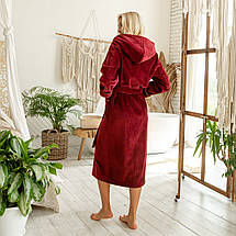 Преміум махра велюр 100% бавовна жіночий халат, довгий на запах, бордовий з капюшоном, фото 5