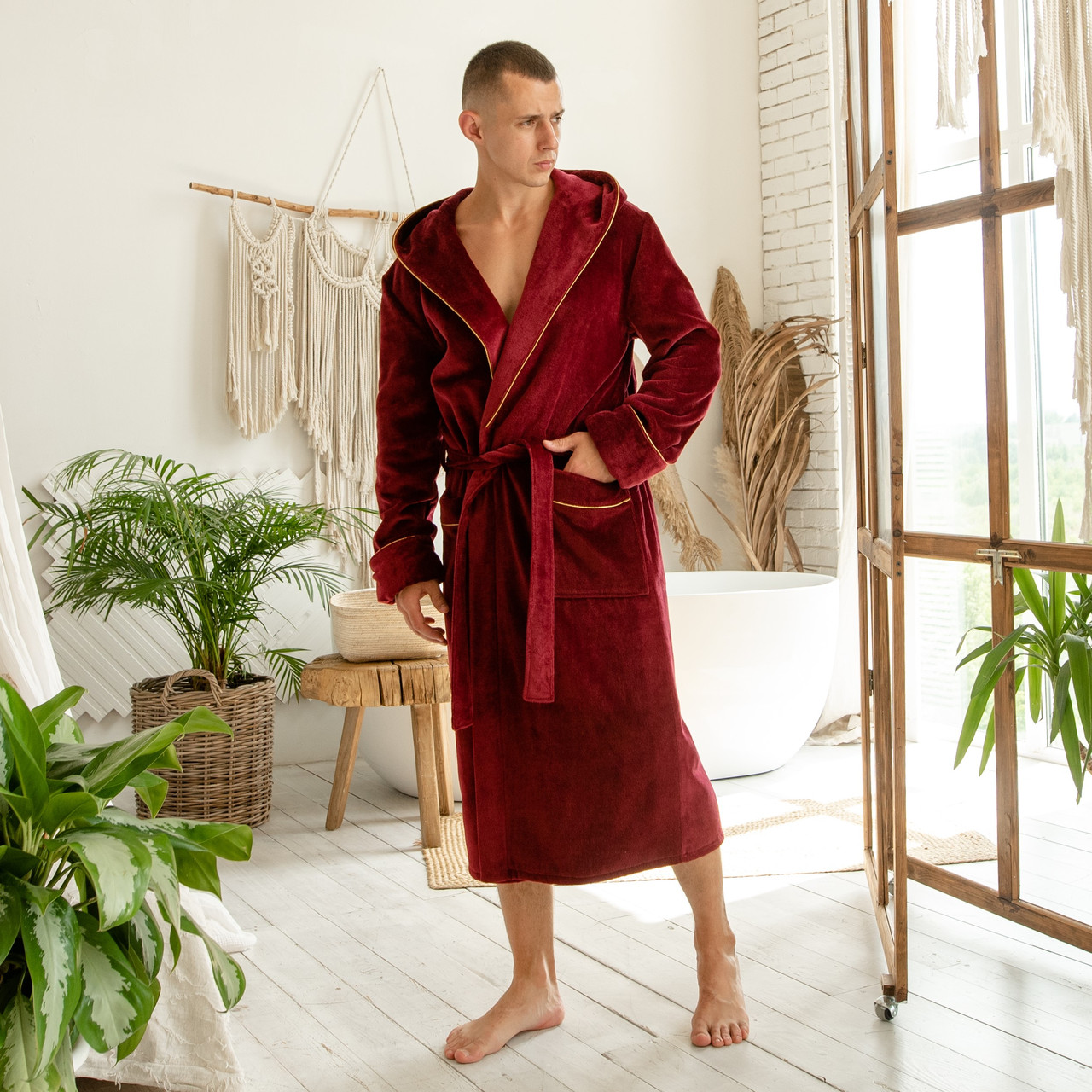 ПЕРЕМІУМ махра велюр 100% бавовна Чоловічий домашній халат на запах, натуральний бордовий халат з капюшоном