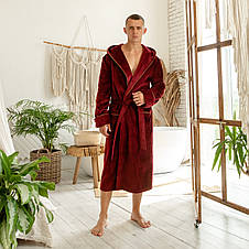 ПЕРЕМІУМ махра велюр 100% бавовна Чоловічий домашній халат на запах, натуральний бордовий халат з капюшоном, фото 3