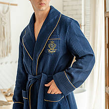 Натуральний вафельний чоловічий халат на запах, довгий домашній темно-синій халат