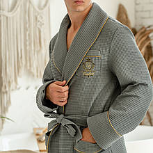 Натуральний вафельний чоловічий халат на запах, довгий домашній сірий халат