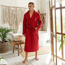 Натуральний вафельний чоловічий халат на запах, довгий червоний халат банний