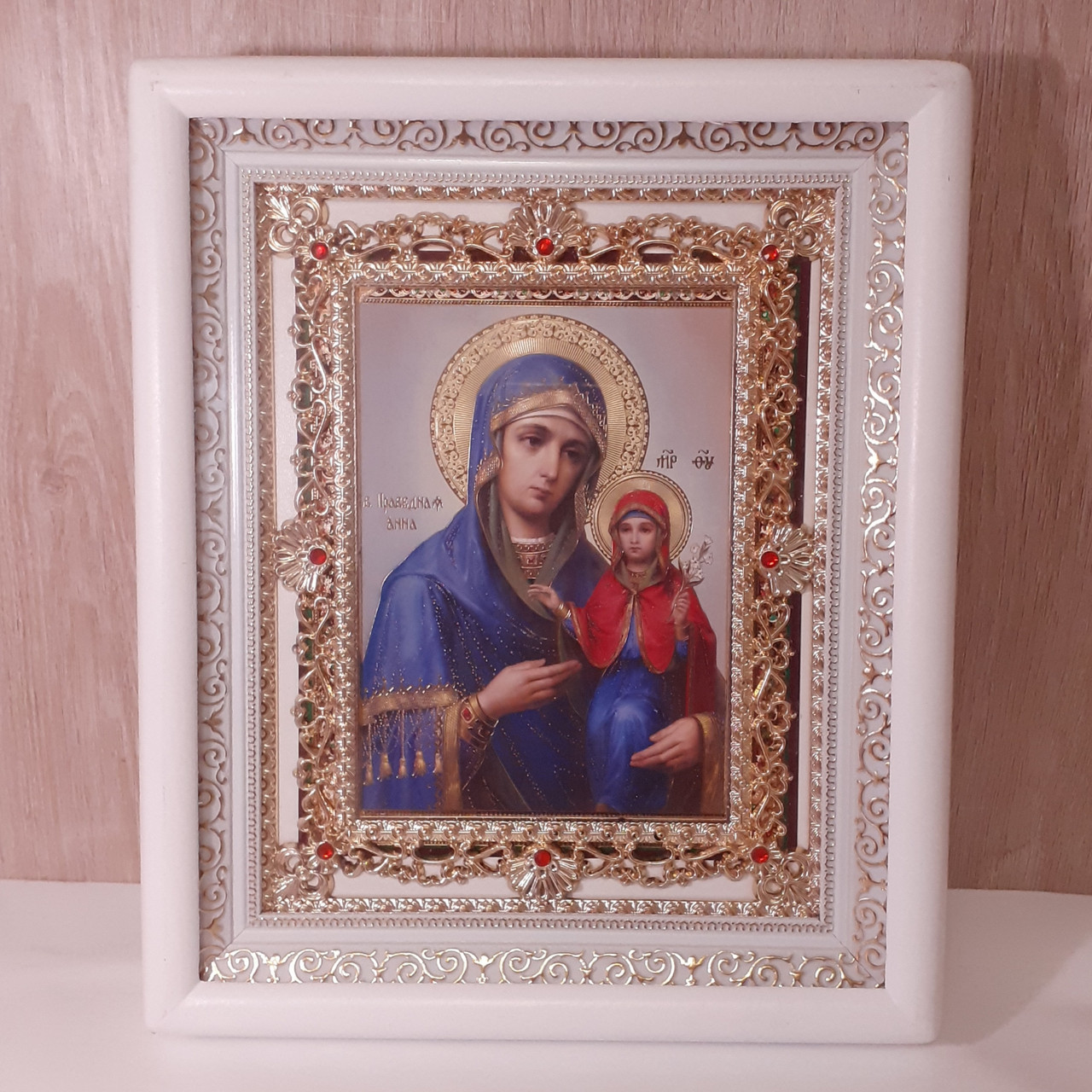 Ікона Анна свята Праведна, лик 15х18 см, в білому кіоті з камінням