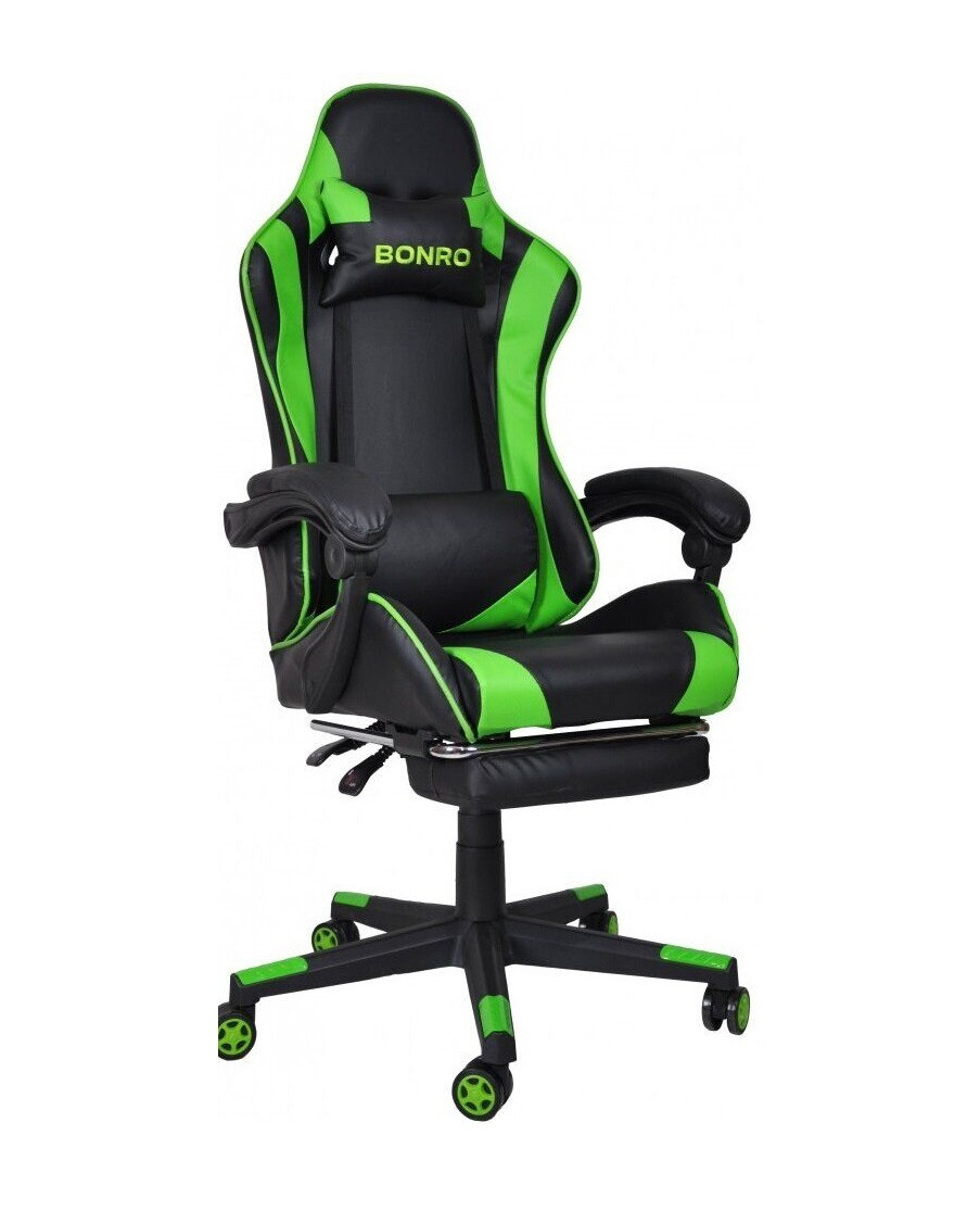 Крісло для комп'ютера ігрове для геймера з підставкою для ніг Bonro B-2013-1, чорне з зеленим