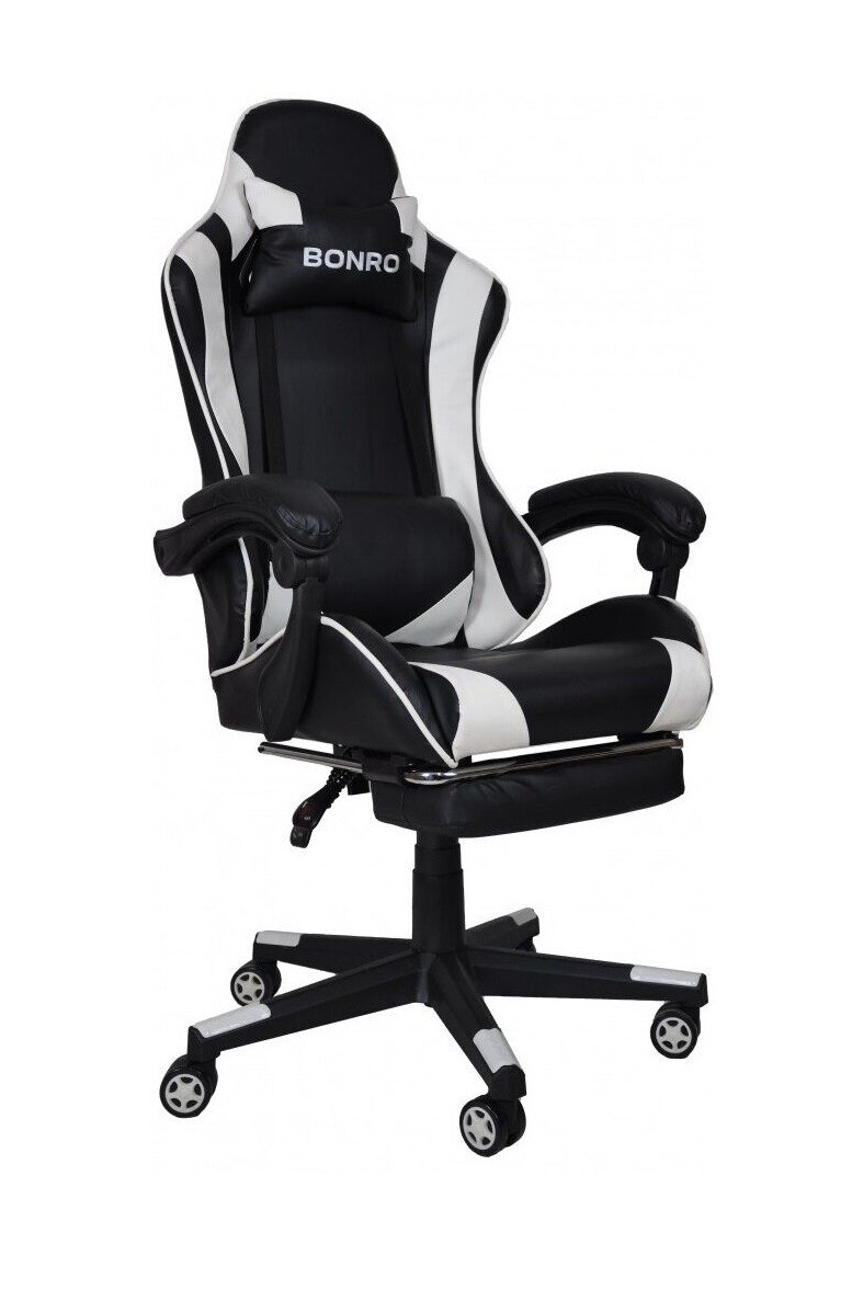 Комп'ютерне крісло ігрове геймерське з підставкою для ніг Bonro B-2013-1, чорне з білим
