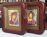 Ікони на вінчання Спаситель П.Б.Казанська у темному дерев'яному кіоті під склом, розмір кіота 20*18, сюжет грецький10*12, фото 2