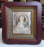 Ікона Святий Миколай Чудотворець у темному дерев'яному кіоті під склом, розмір кіота 20*18, сюжет 10*12., фото 8
