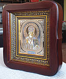 Ікона Святий Миколай Чудотворець у темному дерев'яному кіоті під склом, розмір кіота 20*18, сюжет 10*12., фото 9