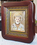 Ікона Святий Миколай Чудотворець у темному дерев'яному кіоті під склом, розмір кіота 20*18, сюжет 10*12., фото 6