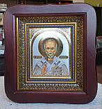 Ікона Святий Миколай Чудотворець у темному дерев'яному кіоті під склом, розмір кіота 20*18, сюжет 10*12., фото 2