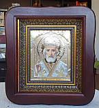 Ікона Святий Миколай Чудотворець у темному дерев'яному кіоті під склом, розмір кіота 20*18, сюжет 10*12., фото 7