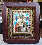Ікона Святий Миколай Чудотворець у темному дерев'яному кіоті під склом, розмір кіота 20*18, сюжет 10*12., фото 4