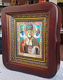 Ікона Святий Миколай Чудотворець у темному дерев'яному кіоті під склом, розмір кіота 20*18, сюжет 10*12., фото 5