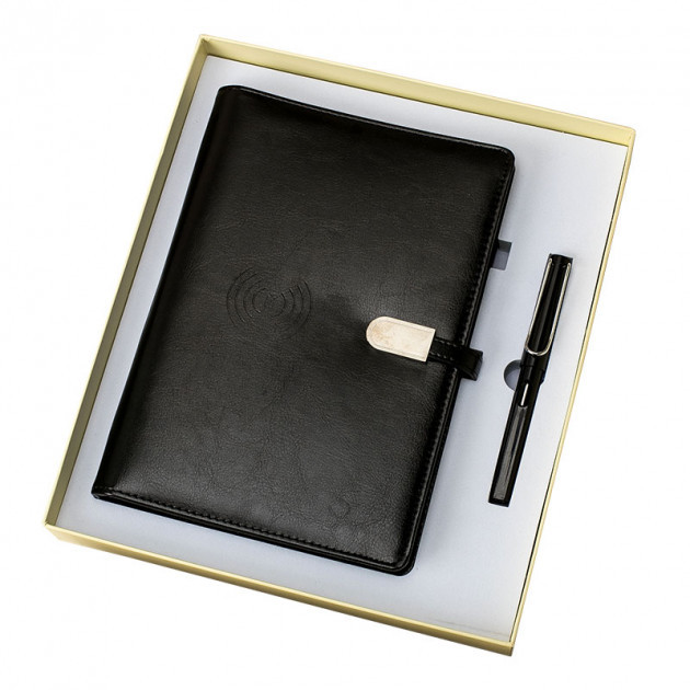 Щоденник, блокнот, бізнес-щоденник з флешкою 16 Гб і бездротовою зарядкою, Powerbank Чорний (2121), фото 1