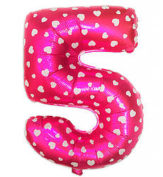 Кулька Цифра "5" колір - рожевий з білими сердечками, 80*48 см, Польща