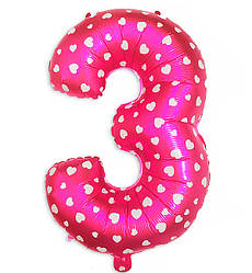 Кулька Цифра "3" колір - рожевий з білими сердечками, 84*46 см, Польща