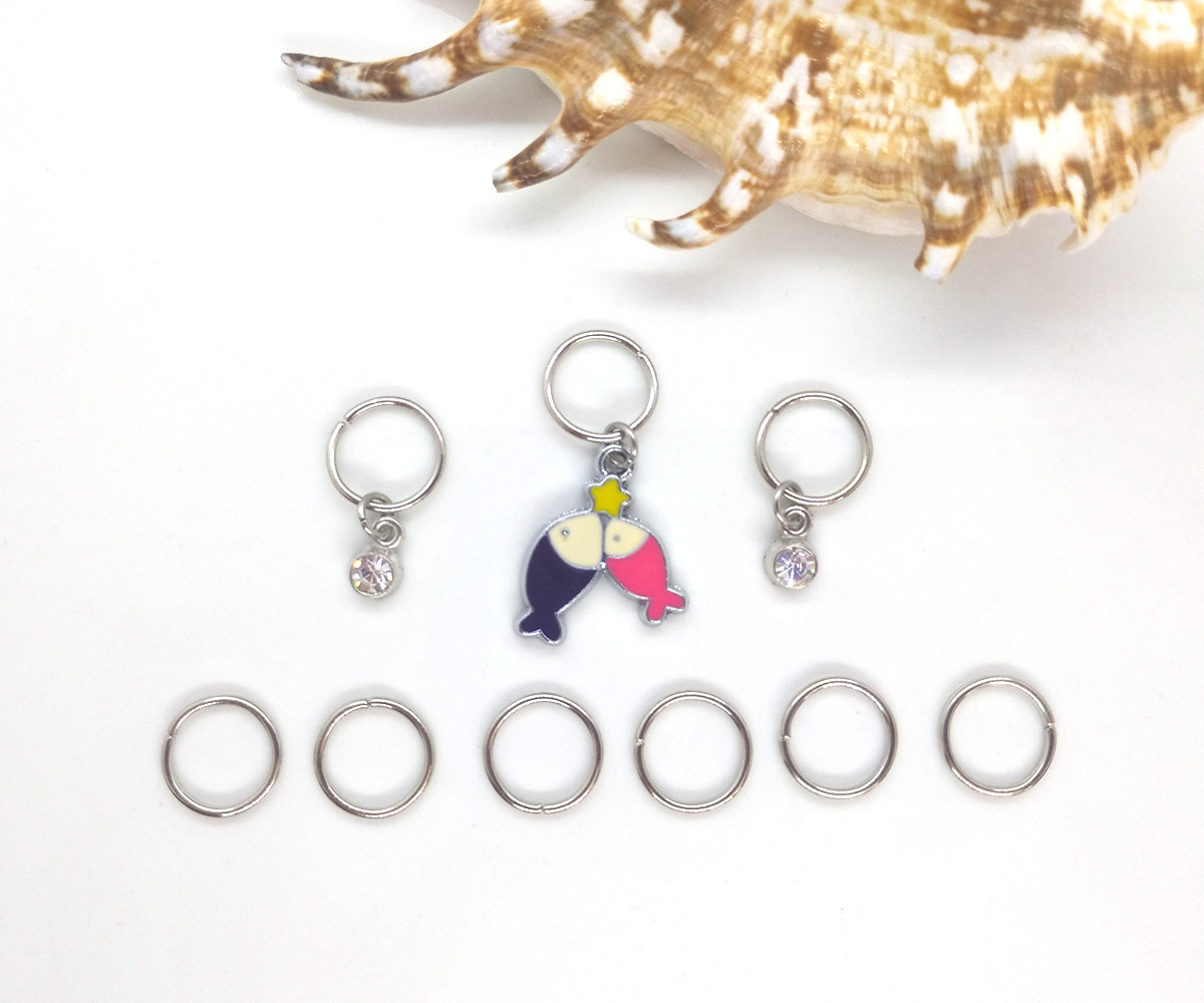 Пірсинг для волосся #101 — Риби та стразівки, набір (9 шт.), фото 1